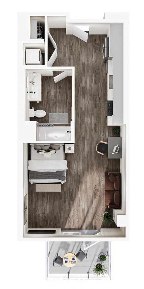 Floor plan for studio, 1 bath, 592 sqft